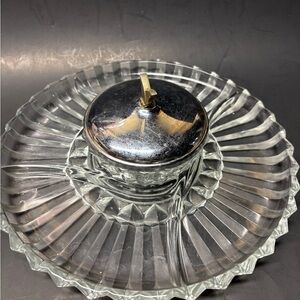 Vintage 12” divided ribbed glass serving dish with center bowl and lid